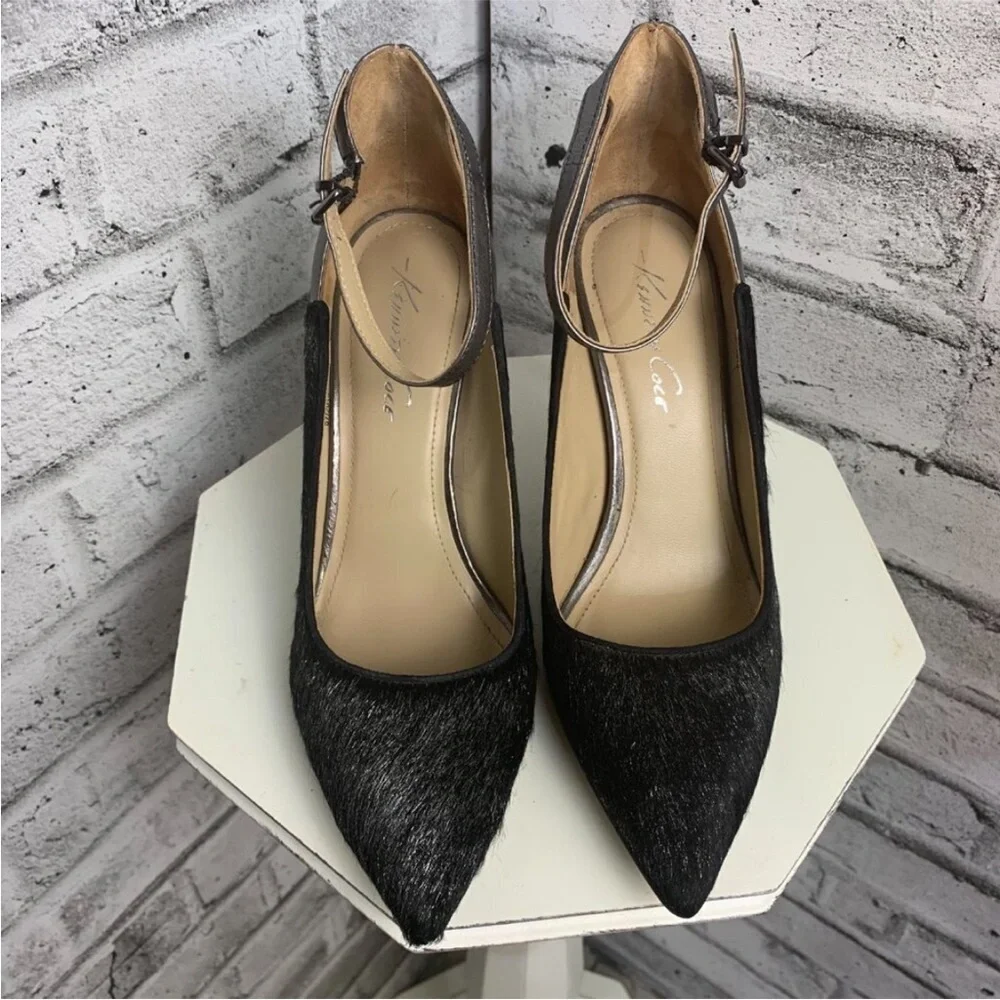 Kenneth Cole Black Mohair Ankle Strap Pointed Stiletto Heels EUC